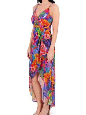 NWT! Siena Souflee Crepe Faux Wrap Midi Dress with Chain Tropical Print Size 4